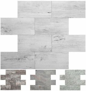 DICOFUN White/Gray Wood Peel and Stick Subway Tile Backsplash, 10 Sheets PVC Light Rustic Backsplash Wood Tile for Kitchen