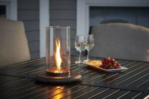 Intrigue Table Top Outdoor Lantern by The Outdoor GreatRoom Company - Tabletop Firepit with Glass Guard - Fits Umbrella Holes Sized 1.4