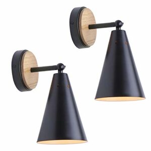MWZ Rustic Farmhouse Black Metal and Wood Wall Sconce Adjustable Lamp，2 Pack ,Rustic Wall Lighting Fixture for Bedroom, Living Room, Headboard, Garage, Porch