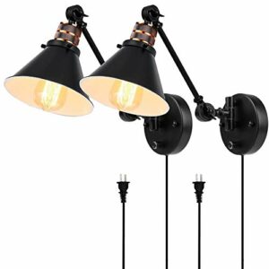 Plug in Wall Sconces Set of 2, PARTPHONER Swing Arm Wall Lamp with Dimmable On Off Switch, Metal Black Vintage Industrial Wall Mounted Lighting Reading Light Fixture for Bedside Bedroom Indoor Doorway
