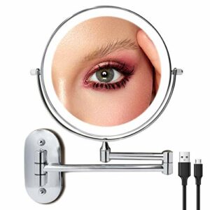 Rechargeable LED Wall Magnifying Mirror, Wall Mounted 8'' Makeup Mirror with 3 Lights and 1X 10X Magnification, 360° Swivel 11.4 inch Extension Bathroom Mirror (Silver)