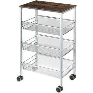 MOOACE Rustic Kitchen Cart on Wheels, 3-Tier Wire Storage Rolling Cart, Wood Look Top and Metal Frame, Silver