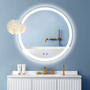 DR.LUX Round LED Mirror for Bathroom 24 Inch, Wall-Mounted Makeup Mirror Anti-Fog, Dimmable, 3 Color Adjustable, 1 Hour Auto-Off, Circle LED Wall Mirror with Touch Button for Bathroom Bedroom Vanity