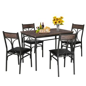 VECELO 5 Piece Kitchen Table Set for Dining Room,Dinette,Breakfast Nook,Industrial Style 4, Vintage Brown