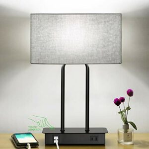 Bedside Touch Control Table Lamp with Dual USB Charging Ports 1 AC Outlet, 3 Way Dimmable Modern Nightstand Lamp with Grey Fabric Shade, Desk Lamp for Bedroom Living Room Office with 5000K LED Bulb