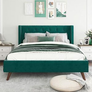 Chenoa Upholstered Platform Bed Frame with Wingback, Modern Velvet Beds with Headboard, Wood Slats and Feet Mattress Foundation Box Spring Optional Easy Assembly(Teal,Queen)