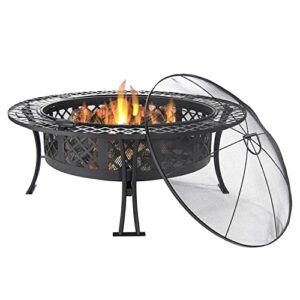 Sunnydaze Diamond Weave Outdoor Steel Fire Pit with Spark Screen - Large 40-Inch Round Wood-Burning Backyard & Patio Fire Pit - Durable Spark Screen & Fireplace Poker