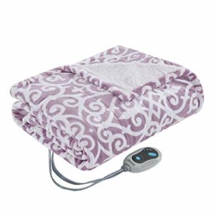 Beautyrest Ultra Soft Sherpa Berber Fleece Electric Poncho Wrap Blanket Heated Throw with Auto Shutoff, 50 in x 64 in, Lavender Lattice