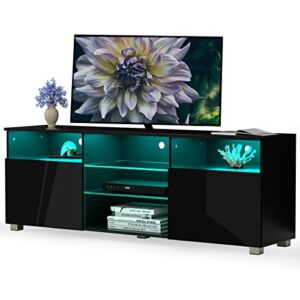 High Glossy LED Black TV Stand for 55/60/65 inch TV,Modern LED Entertainment Center with Adjustable Storage Shelves,Game Console Entertainment Center,TV Table Media Furniture (57inch, Black)