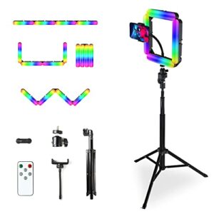 Oldshark 12 inch RGB Ring Light Upgraded Deformable LED Modular Quad Ringlight with Tripod Stand and Cell Phone Holder for Video Recording, Makeup, Zoom, Live Stream, Photography