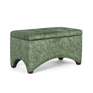 Adeco 29.8 inch Fabric Storage Ottoman Bench Footstool,Nailhead Trim Upholstered Entryway Storage Benches,Rectangular End of Bed Bench with Wooden Legs for Bedroom Living Room (Green-1)