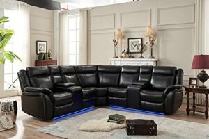 Symmetrical Leather Power Reclining Sectional Sofa, Power Recliner Sectional Couch with LED Strip and Two Center Consoles(Black)