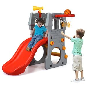 Costzon 5 in 1 Slide for Kids, Toddler Climber Slide Playground Set with Basketball Hoop, Telescope, Crawl Through Space, Easy Climb Stairs, Kids Slide Playset Gift for Both Indoors Outdoor Use