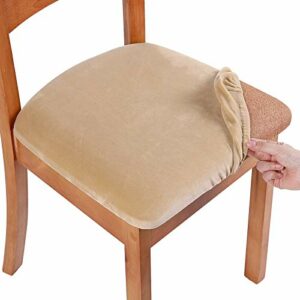smiry Original Velvet Dining Chair Seat Covers, Stretch Fitted Dining Room Upholstered Chair Seat Cushion Cover, Removable Washable Furniture Protector Slipcovers with Ties - Set of 6, Beige