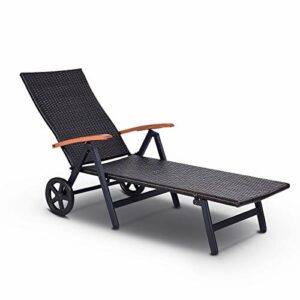 Tangkula Wicker Chaise Folding Back Adjustable Aluminum Rattan Lounger Recliner Chair W/Wheels (Mix Brown)