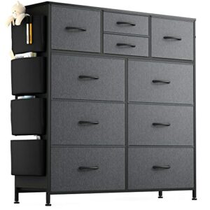 Lulive 10 Drawer Dresser, Chest of Drawers for Bedroom with Side Pockets and Hooks, Fabric Storage Dresser, Sturdy Steel Frame, Wood Top, Organizer Unit for Nursery, Hallway, Closet (Dark Grey)