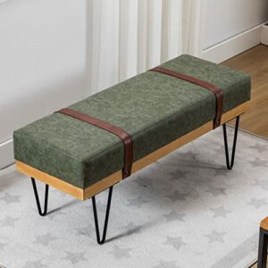 LukeAlon Comfy PU Leather Long Entryway Bench, Padded Bedroom Bed End Bench Modern Ottoman Bench with Two Straps and Metal Hairpin Legs Industrial Dining Table Bench for Living Room, Green