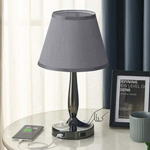 Touch Table Lamp with USB Ports, 3-Way Dimmable Modern Small Nightstand Lamp for Bedroom, Living Room & Office, Bedside Lamp w/ Grey Trapezoid Shade and Metal Base, LED Bulb Included