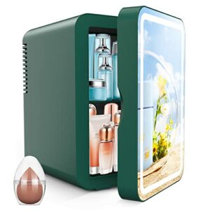 COOSEON LED Mirrored Beauty Fridge, Mini Fridge 6 Liters/8 Can With Makeup Sponge, AC/DC Thermoelectric Cooler and Heater, Suitable for Bedroom, Car, Used for Skin care, Makeup (Green)