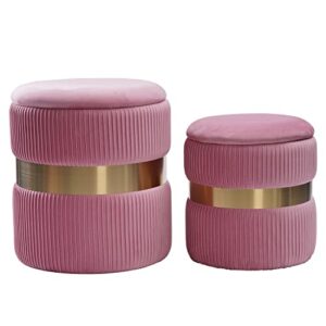 m-kaka Round Storage Velvet Ottoman (2022 Foot Rest Stool Upholstered Footstool Table Seat Make Up Golden Stainless Steel Band, Pack of 2 (Pink)