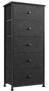 REAHOME 5 Drawer Dresser for Bedroom Storage Tower Closet Organizer Vertical Chest Sturdy Steel Frame Tall Dresser Wooden Top Removable Fabric Bins Office Organization(Black Grey) YLZ5B1