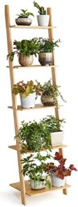 Ladder Shelf 5-Tier Bookshelf –Bamboo Storage Rack Shelves Wall Leaning Shelf Unit,FreeStanding Plant Flower Stand, Corner Display Bookcase for Living Room, Bathroom, Kitchen, Office