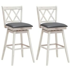 COSTWAY Bar Stool Set of 2, 360° Swivel Bar Height 29.5 inch Bar Stool with Foot Rest Upholstered Cushion & Ergonomic Backrest, Sturdy Frame, for Pub, Restaurant, Home (2, Antique White+ Grey)