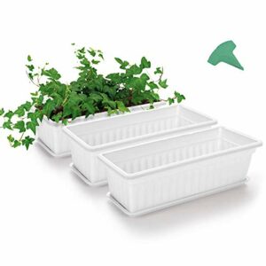 GROWNEER 3 Packs 17 Inches White Flower Window Box Plastic Vegetable Planters with 15 Pcs Plant Labels, for Windowsill, Patio, Garden, Home Décor, Porch