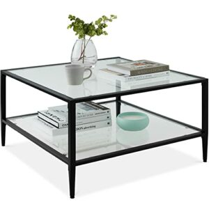 Best Choice Products 32in Square Glass Coffee Table, 2-Tier Accent Furniture for Living Room, Bedroom w/Metal Frame, Glass Shelves - Black