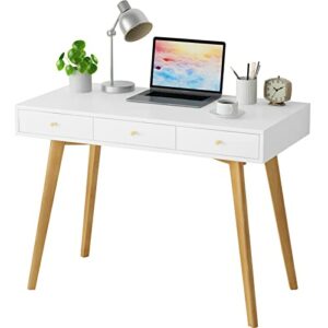 Vitahomy Computer Vanity-Desk,White-Desk-with-Drawers Bedroom Furniture,Modern Home-Office-Desks with Solid Wooden Legs,Makeup Vanity Table,Study Work Writing Standing Desk Workstation for Home Office
