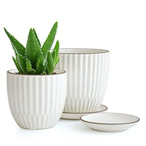 Set of 2 Stoneware Planter Pots, Ceramic Pot with Drainage Hole and Saucers, 4 Inch & 6 Inch, Ivory, 99-92-MW