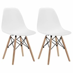 CangLong Modern Mid-Century Dining Chair Shell Lounge Plastic DSW Chair with Natural Wooden Legs for Kitchen, Dining, Bedroom, Living Room Side Chairs Set of 2, White