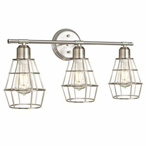3-Light Bathroom Vanity Light Fixture, Industrial Brushed Nickel Wall Sconce with Metal Cage, Farmhouse Wall Light Fixture, Vintage Wall Lamp for Dressing Table, Mirror Cabinets, Kitchen, Living Room