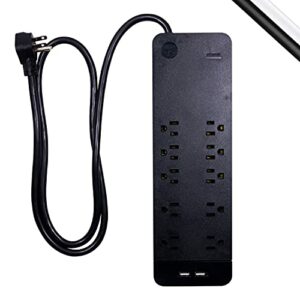 GE, Black, Strip Surge Protector Charger, 10 Outlets, 2 USB Ports, Fast Charge, Flat Plug, Long Power Cord, 4 Feet, Wall Mount, Warranty, 37746, 4 Ft