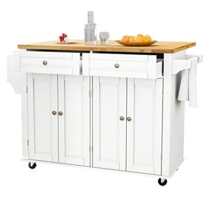 Squireewo Kitchen Cart with Wood Top and Drop Leaf Breakfast Bar, Rolling Mobile Kitchen Island Table on Wheels with Drawer and Storage Cabinet , Spice Rack, Towel Rack, White