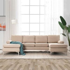 MELLCOM Modern U-Shape Sectional Sofa, Soft Linen Fabric Sectional Couch, Double Wide Chaise Lounge Couch with Modern Metal Feet for Apartment Living Room, Beige
