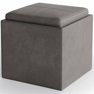 SIMPLIHOME Rockwood 17 inch Wide Square Cube Storage Ottoman with Tray in Upholstered Distressed Slate Grey Faux Leather, Footrest Stool, Coffee Table for the Living Room, Bedroom and Kids Room