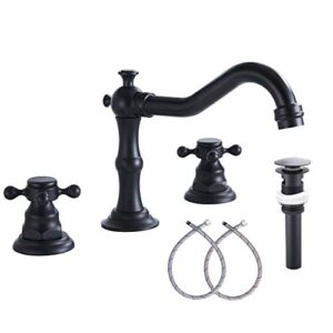 GGStudy Black Bathroom Faucet 2 Handles 3 Holes Faucet 8 inch Widespread Bathroom Sink Faucet Tap Mixer Supply Hose Included Matching Metal Pop Up Drain