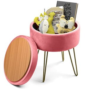 YITAHOME Modern Velvet Upholstered Round Storage Ottoman Footrest Vanity Stool with Gold Metal Legs & Tray Top Coffee Table Having 17.5” Height and Holds Upto 330 Lbs (Pink)