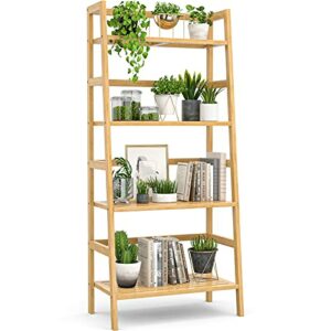 Homykic Ladder Bookshelf, 4-Tier Bamboo Ladder Shelf 49.2” Book Shelf Bookcase Floor Freestanding Bathroom Storage Rack Plant Stand for Home Office, Bedroom, Living Room, Easy to Assemble, Natural