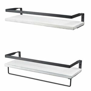 Peter's Goods Rustic Floating Wall Shelves with Rails - Decorative Storage for Bedroom, Bathroom, and Kitchen - Elegant, Modern Shelving - Rustic White Pine Wood, Charcoal Metal Frame - Set of 2