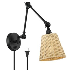 1-Light Black Plug-in Wall Lamp with Dimmer Switch and Adjustable Swing Arm, Natural Rattan Wall Sconce Light for Bedroom Living Room Kitchen