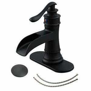 BWE Black Bathroom Faucet Matte Waterfall Farmhouse Vanity Sink Lavatory Single Hole Faucets One Handle Bath Antique with Brass Pop Up Drain Stopper Mixer Tap Overflow Water Supply Line Lead-Free