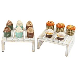 MyGift Whitewashed Wood Dessert Stand, Square Cupcake, Cake, Food Riser Buffet Display Stands with Handles, Set of 2
