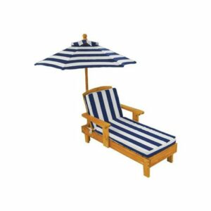 KidKraft Outdoor Wooden Chaise Lounge, Backyard Furniture Chair with Umbrella and Cushion, For Kids or Pets, Navy and White Striped Fabric