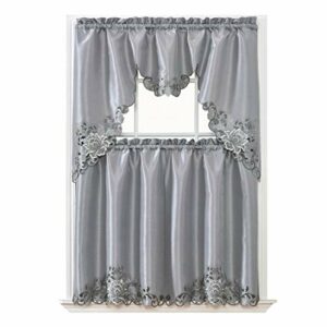 GOHD Passionate Bloom Kitchen Curtain Swag Valance and Tier Set Nice Embroidery on Faux Silk Fabric with cutworks (Silver Grey)