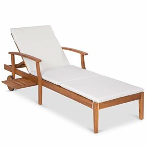 Best Choice Products 79x26in Acacia Wood Chaise Lounge Chair Recliner, Outdoor Furniture for Patio, Poolside w/Slide-Out Side Table, Foam-Padded Cushion, Adjustable Backrest, Wheels - Cream