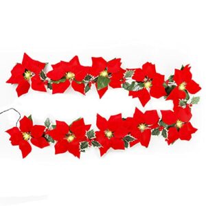 Christmas Poinsettia Garland with Lights, Artificial Poinsettia Christmas Garland String Lights Decorations, Poinsettias Garland Lights for Xmas Tree Party Door Fireplace Mantle Decor