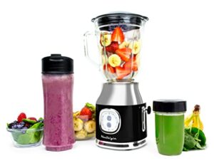 Classic Retro Electric Pulse Blender, 1 Liter Glass Pitcher, Includes Tritan Personal Travel Bottle With Lid And Storage Container, High Power 300 Watts Crushes And Pulverizes Ice Cubes