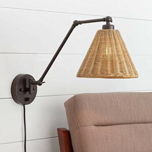 Rowlett Swing Arm Adjustable Wall Mounted Lamp with Cord Bronze Plug-in Light Fixture Natural Rattan Shade for Bedroom Bedside House Reading Living Room Home Hallway Dining - Barnes and Ivy
